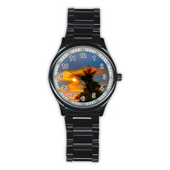 Sunrise And Fir Tree Stainless Steel Round Watch by okhismakingart