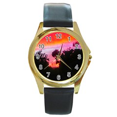 Sunset And Geraniums Round Gold Metal Watch by okhismakingart