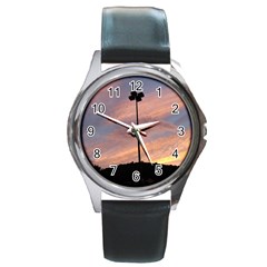 Parking Lot Sunset Round Metal Watch by okhismakingart