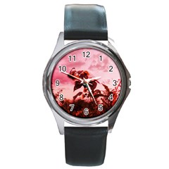 Red Sunflowers Round Metal Watch by okhismakingart