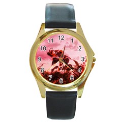 Red Sunflowers Round Gold Metal Watch by okhismakingart