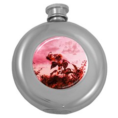 Red Sunflowers Round Hip Flask (5 Oz) by okhismakingart