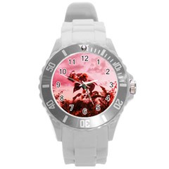 Red Sunflowers Round Plastic Sport Watch (l) by okhismakingart