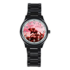 Red Sunflowers Stainless Steel Round Watch by okhismakingart