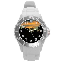 Pale Orange Sunset Round Plastic Sport Watch (l) by okhismakingart