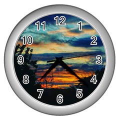 Blue Sunset Wall Clock (silver) by okhismakingart