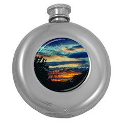 Blue Sunset Round Hip Flask (5 Oz) by okhismakingart