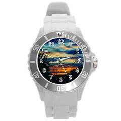 Blue Sunset Round Plastic Sport Watch (l) by okhismakingart