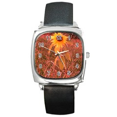 Red Tinted Sunflower Square Metal Watch