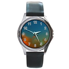 Orange And Blue Sky Round Metal Watch by okhismakingart