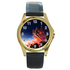 Deep Blue Sunset Round Gold Metal Watch by okhismakingart