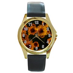 Yellow Flowers Round Gold Metal Watch by okhismakingart