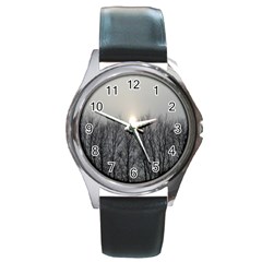 Foggy Forest Round Metal Watch by okhismakingart