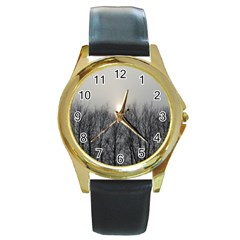 Foggy Forest Round Gold Metal Watch by okhismakingart