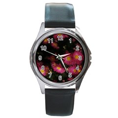 Purple Flowers With Yellow Centers Round Metal Watch by okhismakingart