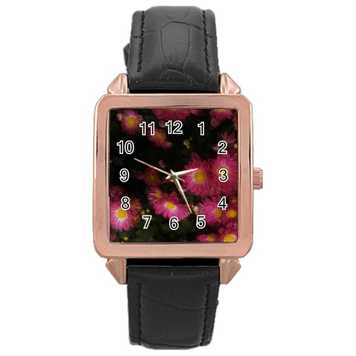 Purple Flowers with Yellow Centers Rose Gold Leather Watch 