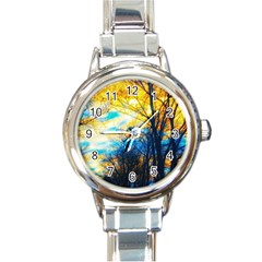 Yellow And Blue Forest Round Italian Charm Watch by okhismakingart