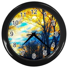 Yellow And Blue Forest Wall Clock (black) by okhismakingart