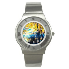 Yellow And Blue Forest Stainless Steel Watch by okhismakingart