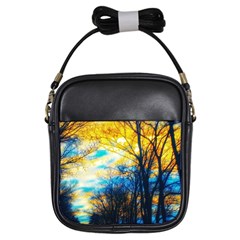 Yellow And Blue Forest Girls Sling Bag by okhismakingart