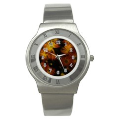 Red Striped Flowers Stainless Steel Watch by okhismakingart