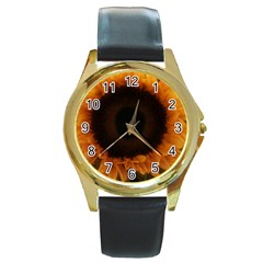 Single Sunflower Round Gold Metal Watch by okhismakingart