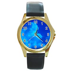 Deep Blue Clouds Round Gold Metal Watch by okhismakingart