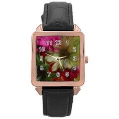 Grainy Green Flowers Rose Gold Leather Watch 