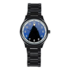 Tree and Moon Stainless Steel Round Watch