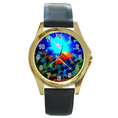 Psychedelic Spaceship Round Gold Metal Watch by okhismakingart