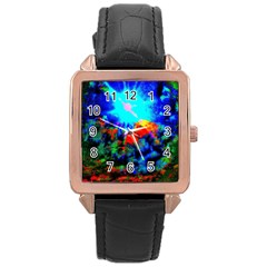 Psychedelic Spaceship Rose Gold Leather Watch  by okhismakingart