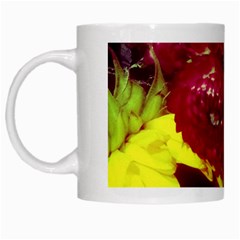 Sunflower And Cockscomb White Mugs by okhismakingart