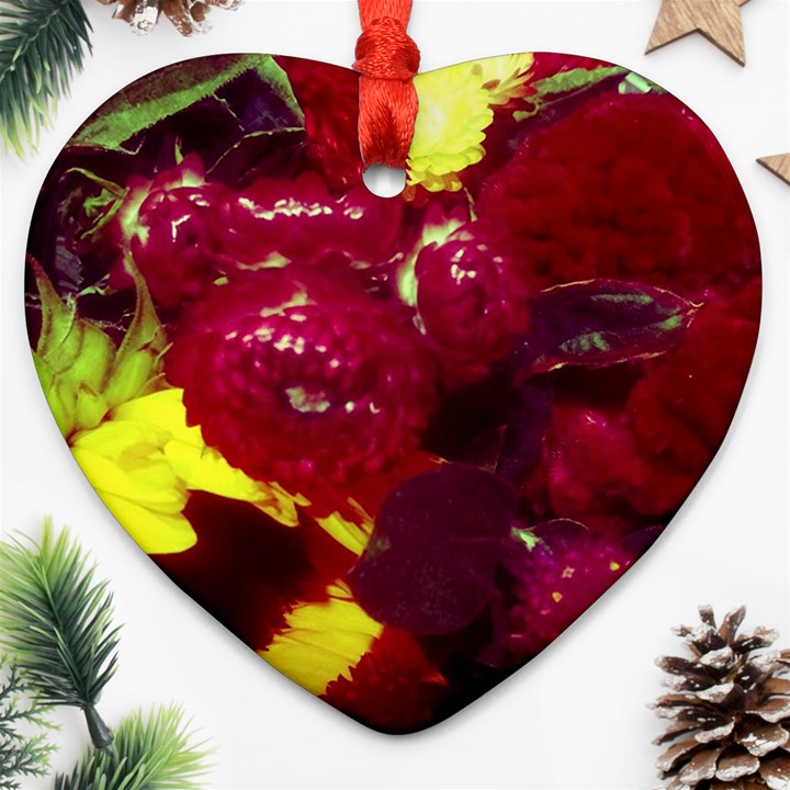 Sunflower and Cockscomb Heart Ornament (Two Sides)