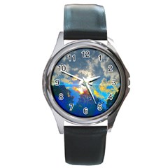 Broken Sky Round Metal Watch by okhismakingart