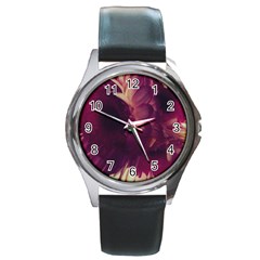 Purple Highlighted Flowers Round Metal Watch by okhismakingart