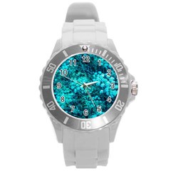 Blue-green Compound Flowers Round Plastic Sport Watch (l) by okhismakingart