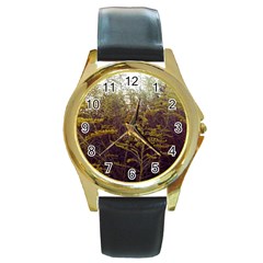 Purple And Yellow Goldenrod Round Gold Metal Watch by okhismakingart