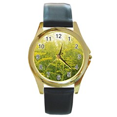 Yellow Goldenrod Round Gold Metal Watch by okhismakingart