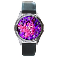 Pink And Blue Sideways Sumac Round Metal Watch by okhismakingart