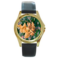 Green And Gold Sideways Sumac Round Gold Metal Watch by okhismakingart