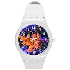 Blue And Gold Sideways Sumac Round Plastic Sport Watch (m) by okhismakingart