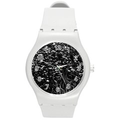 High Contrast Black And White Queen Anne s Lace Hillside Round Plastic Sport Watch (m) by okhismakingart