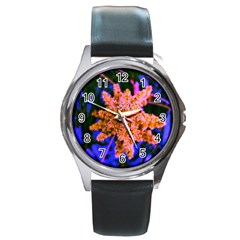 Yellow, Pink, And Blue Sumac Bloom Round Metal Watch by okhismakingart