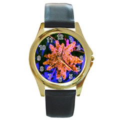 Yellow, Pink, And Blue Sumac Bloom Round Gold Metal Watch by okhismakingart