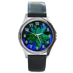 Blue And Green Sumac Bloom Round Metal Watch by okhismakingart