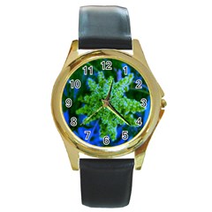 Lime Green Sumac Bloom Round Gold Metal Watch by okhismakingart