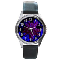 Maroon And Blue Sumac Bloom Round Metal Watch by okhismakingart