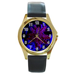 Maroon And Blue Sumac Bloom Round Gold Metal Watch by okhismakingart