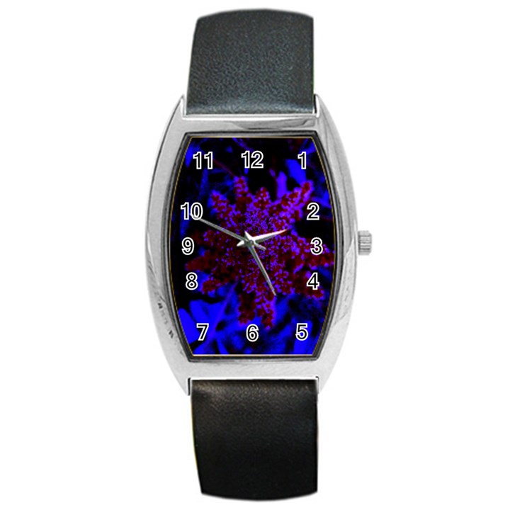 Maroon and Blue Sumac Bloom Barrel Style Metal Watch