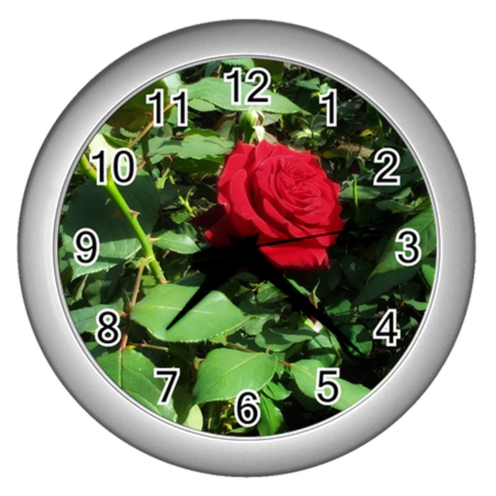 Deep Red Rose Wall Clock (Silver)